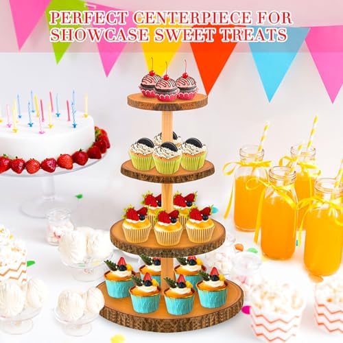 Cupcake Stand Wood Dessert Stands 4 Tier Wooden Cupcake Stand - Large Capacity, Bark-Covered, Varnished, Multi-Functional for Weddings, Baby Showers, and Parties. - Image 6