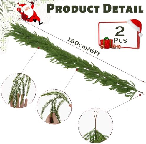 2 Pcs 6 FT Christmas Garland, Artificial Norfolk Pine Garland - Image 2
