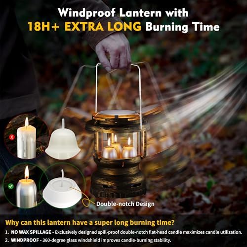 3-Wick Candle Lantern for Power Outages, 18H Emergency Light, Vintage Brass - Image 2