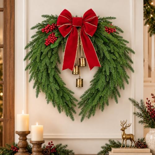 JarThenaAMCS Christmas 24 Inch Large Wreath with Red Velvet Bow Metal Bells Real Touch Norfolk Pine Wreath Faux Greenery Realistic Wreaths for Xmas Front Door Wall Window Mantel Holiday Decor by JarThenaAMCS