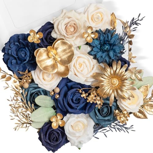 TINGE TIME Navy Blue Artificial Flowers Combo, Rose Dahlia Wedding Decor by TINGETIME