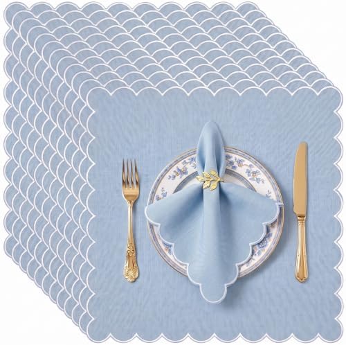 SmoothNovelty 12 Pack Buffalo Plaid Cloth Napkins 18x18 Inch Checkered Cloth Napkins Scalloped Soft Cotton Table Mat Washable Reusable for Dinner Wedding Holiday Birthday Parties (Cute,Gray-Blue) by SmoothNovelty