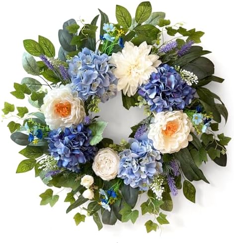 24 Inch Spring Wreaths for Front Door, Spring Summer Door Wreath with Blue Hydrangea White Peony Flower Wreath for All Season Outside Indoor Outdoor Home Porch Wall Decor by Unknown
