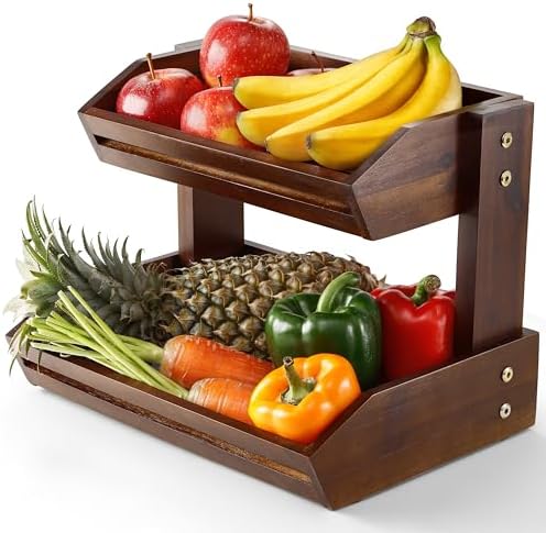 HOLANA Acacia 2 Tier Fruit Basket, Sturdy, Easy Assembly (Walnut color) by HOLANA