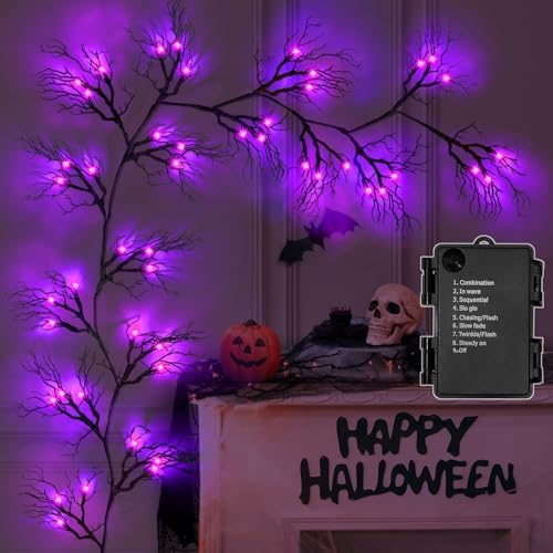 [ 8 Modes & Timer ] 9 Ft 66 LED Halloween Willow Vine Twig Decor Garland Decorations with Purple Lights, Halloween Garland with Battery Operated Waterproof for Home Wall Fireplace Mantle Decorations by SURCVIO