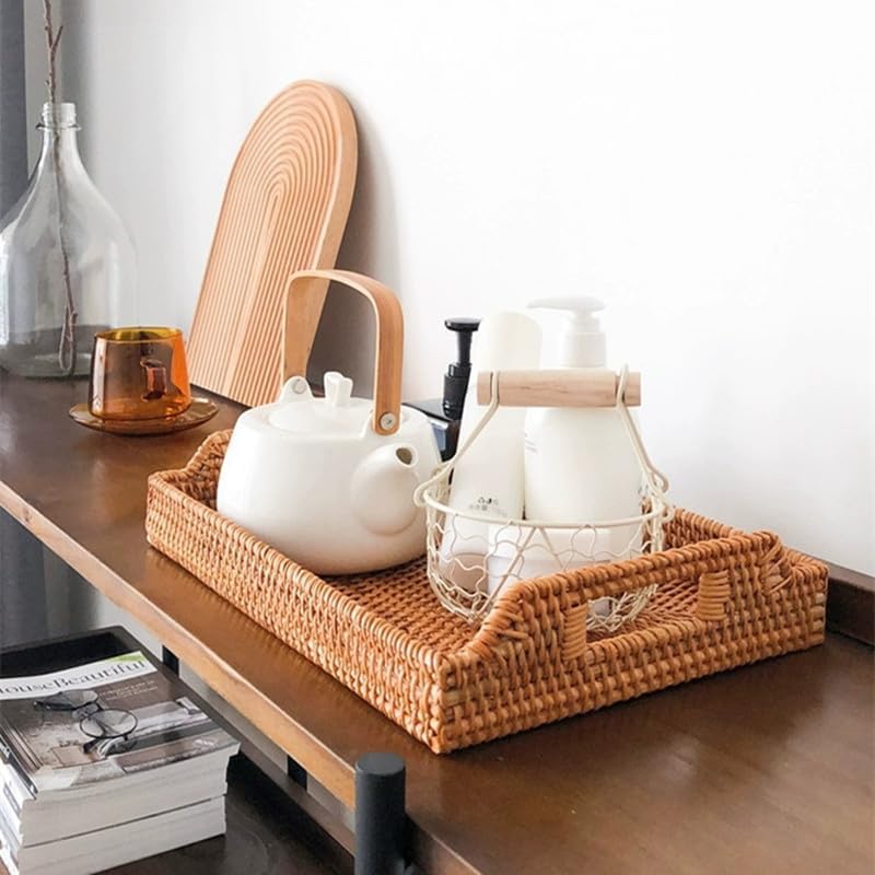 Rattan Serving Tray with Handles, Rectangular Wicker Basket Tray, Hand Woven Flat Basket for Coffee Table Dinning Room Bathroom (17 x 11.4 x 1.8 inch) (Pack of 2) - Image 4