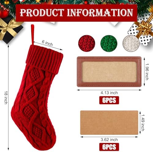JellyArch 6 Pcs Personalized Christmas Stockings Xmas Stocking with Leather Patches Custom Name Cable Knitted Hanging Family Stockings for Christmas Holiday Fireplace Party Decoration (18 Inches) - Image 3