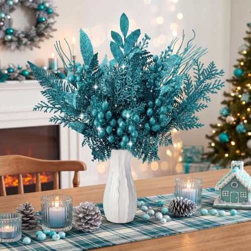 66 Pcs Teal Christmas Glitter Picks and Sprays - Image 4