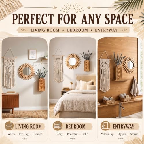 Novabright 9 Pcs Boho Decor Set Rustic Wood Boho Aesthetic Mirror Wooden Wall Vase Macrame Woven Wall Hanging 6 Pcs Eucalyptus Stems for Living Room Bedroom Home Party Wedding Decoration - Image 6