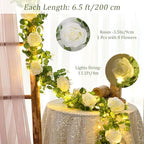 Dolicer 2Pcs 13Ft Artificial Eucalyptus Garlands with Flowers - 8 Roses, Faux Floral Greenery Garlands with 13Ft String Lights Fake Flower Vines for Wedding Table Centerpieces Arch Party Decor (White) - Image 3