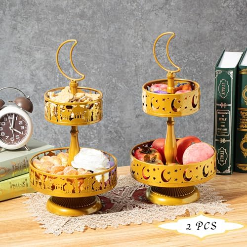2 Pcs 2 Tiered Ramadan Trays, Golden Metal Eid Cake Stand - Image 5