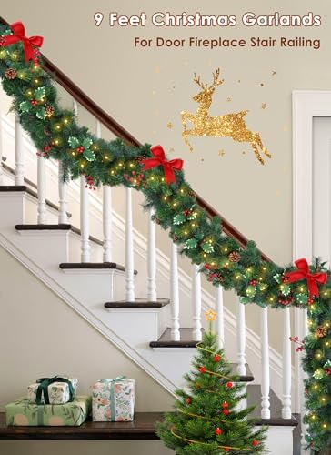 Christmas Garland with Lights, 9Ft Prelit Garland, 8 Light Modes & Timer - Image 3