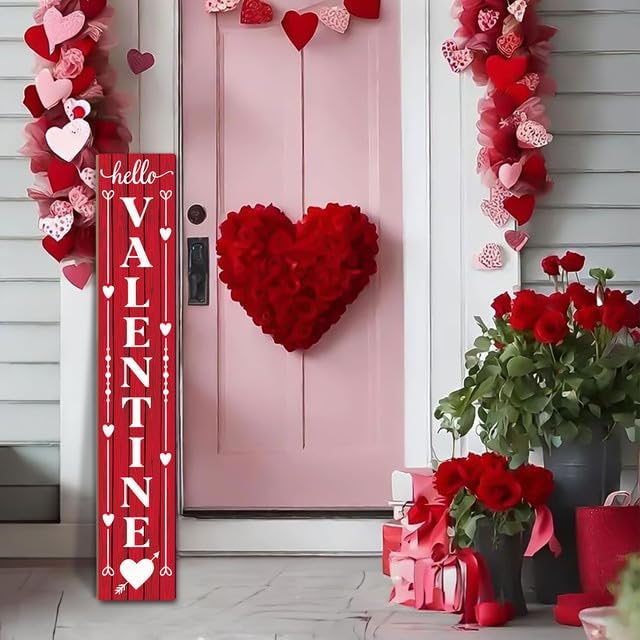 SRongmao Valentines Wooden Porch Sign Love Porch Sign Vertical Valentine's Day Porch Sign Hello Valentine Sign Rustic Tall Welcome Sign for Farmhouse Home Front Door Yard Party Decor 8x48inch - Image 3