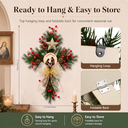 Riceshoot Christmas Nativity Cross Wreath with Gold Organza Bow and Star - Image 2