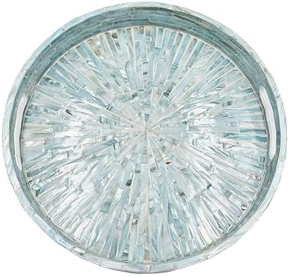 PEMAR 12.6” Mother of Pearl Round Serving Tray with Handles, Decorative Nacred Wooden Ottoman Coffee Table Tray (Teal Sunlight) by PEMAR