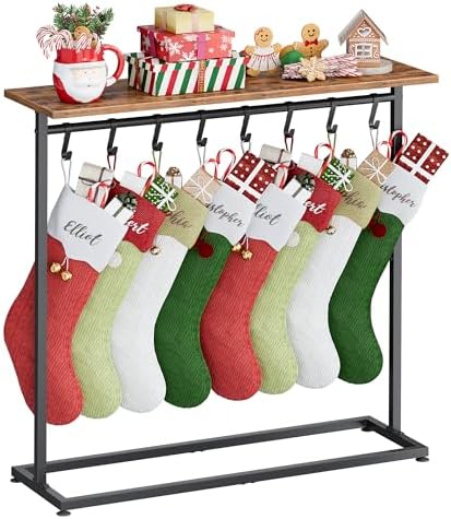 LAND·VOI 2-in-1 Woodtop Christmas Stocking Holder, Free Standing Display Shelf for Gifts & Treats, Stocking Stand with 8 Removable Hooks, Stable Base & Adjustable Feet, Black and Rustic by LAND%C2%B7VOI