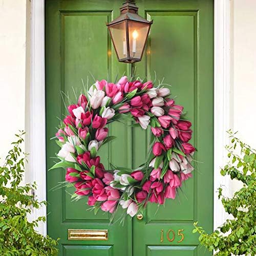 IUIBMI 20 Inches Artificial Door Wreath Spring Tulip Wreath for Front Door, Mothers Day Artificial Flower Wreaths with Pink Tulips for Wall Window Party Wedding Decor - Image 3