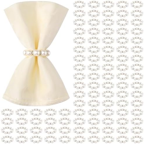 Suream Napkin Rings Bulk 100, Silver Rhinestone Napkin Rings, Pearl Table Decor for Birthday Party Banquet Table and Daily Use(White & Silver) by Suream