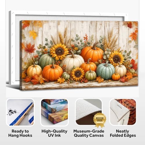 WAXWHELK Pumpkin Fall Canvas Wall Art, Pumpkin Sunflowers Wheat Stalks Maple Leaves Harvest Painting Pictures, Rustic Farmhouse Autumn Thanksgiving Artwork for Living Room Decor (30"x60") - Image 6