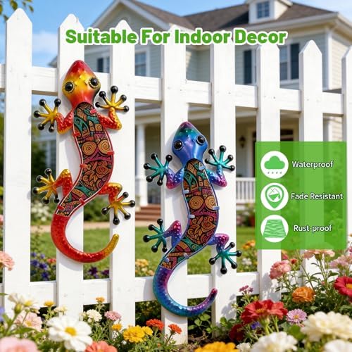 HONGLAND Lizard Wall Decor- 15 Inch Gecko Metal Wall Art Hanging Glass Sculpture, 2 Pack Yard Decorations Outdoor for Garden Fence Home - Image 4