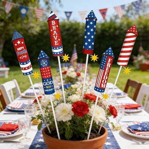 8 Pcs 4th of July Metal Firework Garden Stakes, American Flag Yard Sign, Patriotic Independence Day Memorial Day Decor for Outdoor Lawn, Yard, Garden, Walkway (Rockets) - Image 4