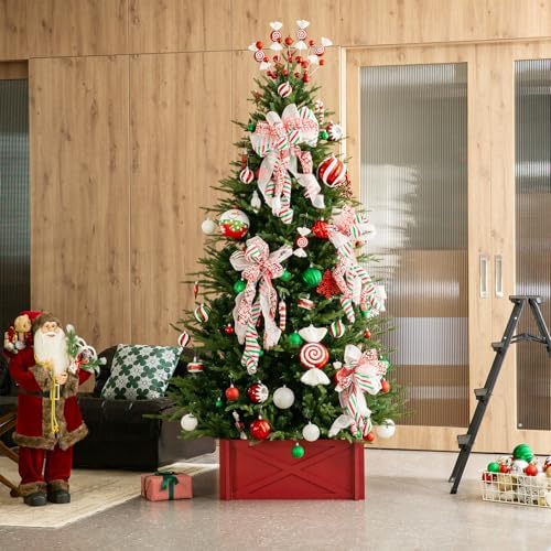Glitzhome Christmas Tree Collar, 27.5" L Farmhouse Handcrafted Wooden Tree Collar Tree Base Cover Christmas Tree Skirt Collar, Red - Image 2