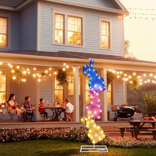 VIHOSE Easter Bunny Lights Outdoor Decoration 41 Inch H Pre-lit Lighted Heart Decor with 50 Warm White Lights Easter Rabbit Decoration for Indoor Outdoor Porch Garden Lawn Front Yard - Image 4