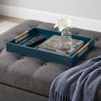 Decorative Serving Tray, Modern Rectangle Wood Tray with Polished Metal Handles, Glossy Finish, 16.5x12 Inch, for Coffee Table, Ottoman (Teal) - Image 3