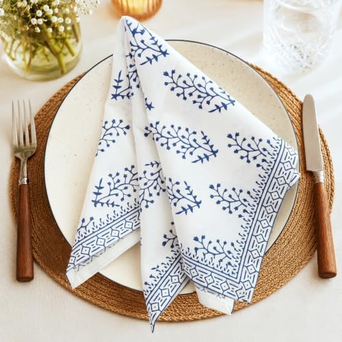 Floral Cloth Napkins Set of 12, Block Print Inspired 100% Cotton Dinner Napkins for Thanksgiving, Christmas & Fall, Reusable Wedding Linens, 18 x 18 Inch, Blue and White Botanical - Image 5