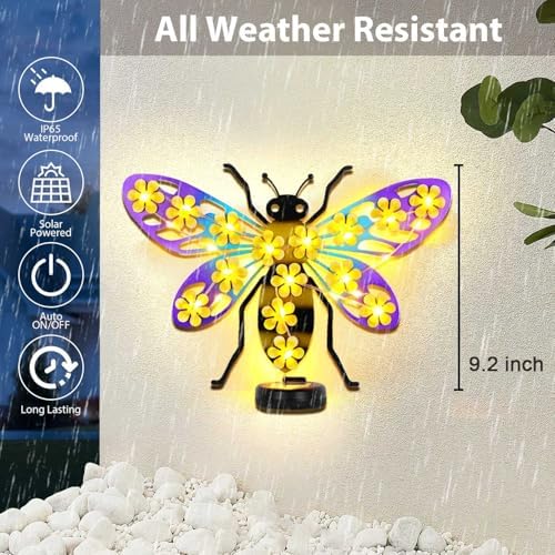 2 Pack Metal Bee Outdoor Wall Decor with 30 Led Solar Lights Decorative - Image 3