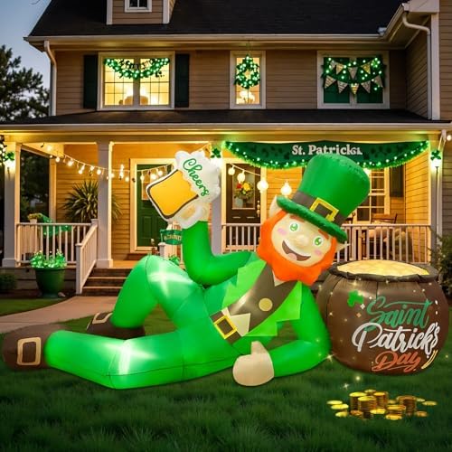 OurWarm 9FT St. Patrick's Day Inflatables Outdoor Decorations, Inflatable Leprechaun Holding Beer Leaned On A Pot of Gold, St Patricks Day Blow Up Inflatable for Yard Lawn Garden Holiday Party Decor by OurWarm