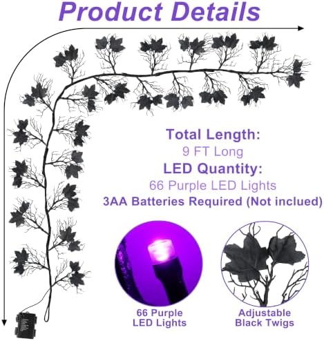 9Ft Lighted Halloween Garland Decorations Indoor, 66 LED Purple Lights Willow Vine Twig Black Halloween Garland with 8 Mode & Timer, Battery Operated Halloween Decor for Mantel Fireplace Home - Image 2