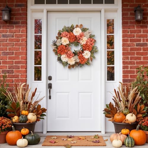 24" Fall Wreaths for Front Door with Mums Dahlias Queen Anne's Lace - Image 2