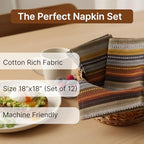 LFH Home Cotton Rich Cloth Salsa Napkin Set of 24 Washable Soft Durable Striped Table Napkins for Dining Wedding, Daily Use Reusable Eco-Friendly Napkins for Elegant Table Settings(18x18)- Brown - Image 2