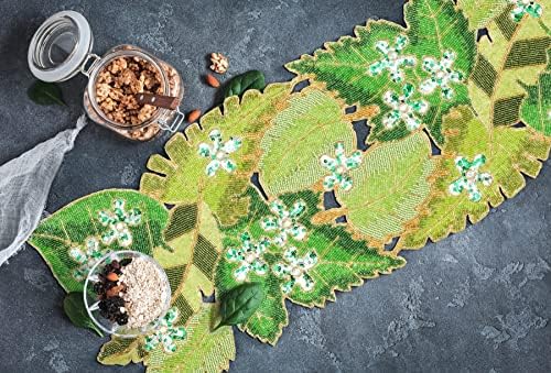 Hand Beaded Green Leaves Table Runner 13x36 Table Décor - Image 2