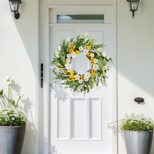 Artificial Spring Wreath 22 Inch Spring Wreaths for Front Door Summer Wreath with White Yellow Daisy Lavender and Green Leaves for Wall Porch Farmhouse Party Easter Celebration - Image 2