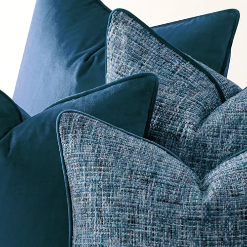 a moment Blue 4 Pack Throw Pillow Covers - Chenille & Velvet Set with Piping, Farmhouse Textured Design Cushion Cases for Couch Sofa Bed (20x20 Inch, No Insert) - Image 2