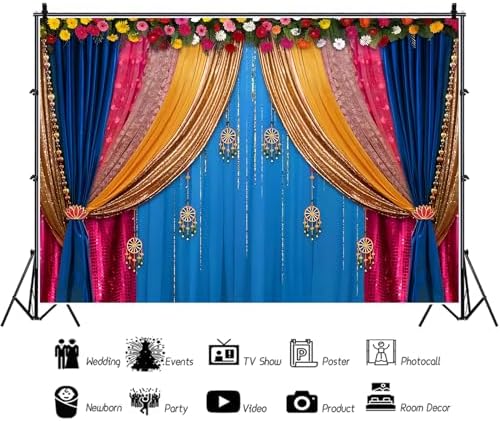 14x10ft Indian Traditional Backdrop Colored Curtains Marigold Photography Background Indian Hindu Wedding Banner Happy Holi Diwali Pooja Party Decorations Photo Props - Image 3