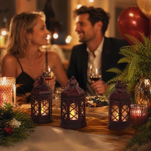 12Pcs Mini Moroccan Lanterns (Brushed Red) with LED Candle - Hanging Vintage Small Lanterns for Ramadan, Wedding, Easter, Christmas, Churches - Table Centerpieces & Medieval/Themed Decor - Image 5