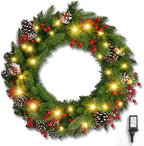 Brightown 24 Inch Pre-Lit Artificial Christmas Wreaths for Front Door,Christmas Decorations Indoor with Pine Cones & Berry Clusters, Christmas Wreath with 50 Lights for Fireplace Wall Window, Plug-in by Brightown