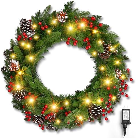 Brightown 24 Inch Pre-Lit Artificial Christmas Wreaths for Front Door,Christmas Decorations Indoor with Pine Cones & Berry Clusters, Christmas Wreath with 50 Lights for Fireplace Wall Window, Plug-in by Brightown