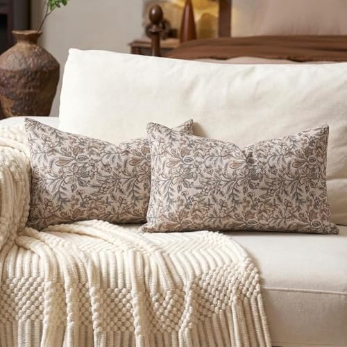 Amor Virisso Floral Throw Pillow Covers 12 x 20 Set of 2 Vintage Block Print Pillow Covers Decorative Pillow Covers Couch Pillows for Living Room Farmhouse Accent Sofa Pillows, Green/Sand by AffordableFloralPrintMaker