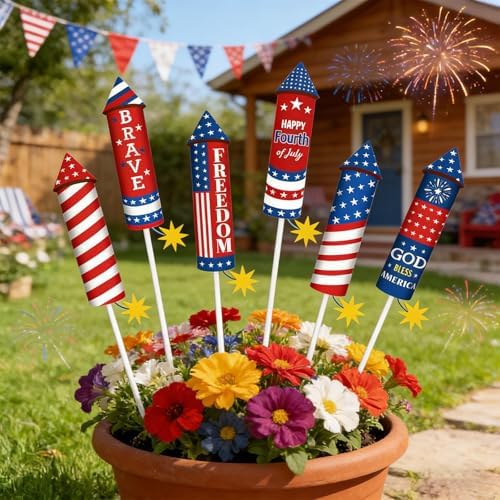 8 Pcs 4th of July Metal Firework Garden Stakes, American Flag Yard Sign, Patriotic Independence Day Memorial Day Decor for Outdoor Lawn, Yard, Garden, Walkway (Rockets) - Image 6