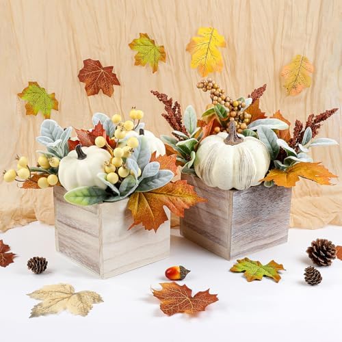 2 Pack Larger Fall Pumpkin Decoration in Wood Box Artificial Pumpkins Tables Centerpieces Faux Gourd Berries Maple Leaves for Autumn Thanksgiving Dining Harvest Mantel Home Indoor Decor - Image 4