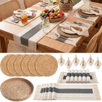 6 Sets Grey Kitchen Decor,Table Setting Decor with Round Woven,Rectangular Boho,Wooden Bead Napkin Rings,Cloth Napkins,Table Runner & Storage Basket,Natural Burlap Cotton for Kitchen Dining Table Home by DKALIO