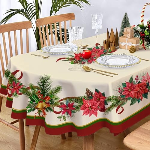 Yighty Oval Christmas Tablecloth 60x120In,Poinsettia Holly Pine Cone Christmas Table Cloth,Polyester Waterproof Wrinkle Resistant Durable Tablecloth for Holidays,Kitchen,Winter and Home Decor - Image 2