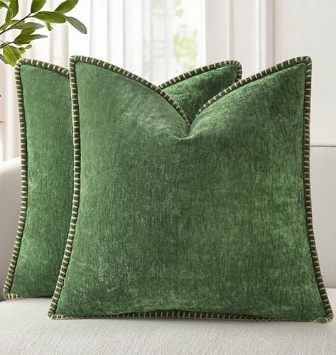 decorUhome Soft Chenille Throw Pillow Covers 26x26 Set of 2 Forest Green by decorUhome