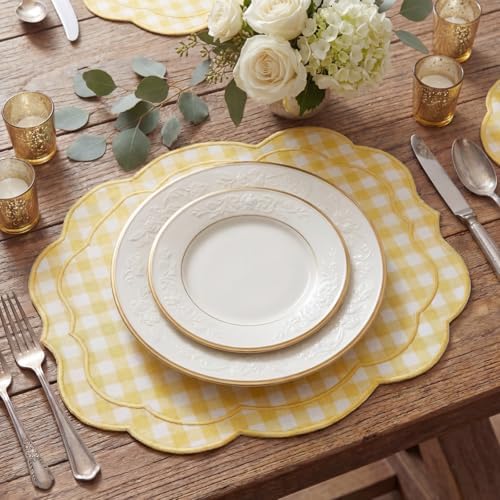 Breling 6 Set Gingham Placemat 17" x 13" Cotton Linen Placemat, Yellow - Image 3