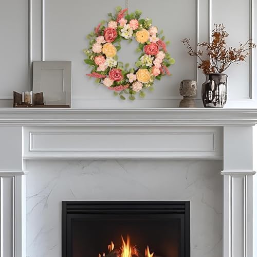 22 Inch Spring Summer Wreath for Front Door, Realistic Silk Peony & Hydrangea Wreath with Yellow Pink Flowers Grain Stems, Artificial Floral Wreath for Indoor Outdoor Porch Wall Farmhouse Decor - Image 6