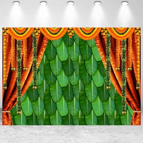 10x6.5ft India Pooja Backdrop Puja Ganpati Green Banana Leaf Mehndi Festival Photography Background Diwali Hindu Wedding Party Banner Decorations Photo Studio Props by CkihgennDecors